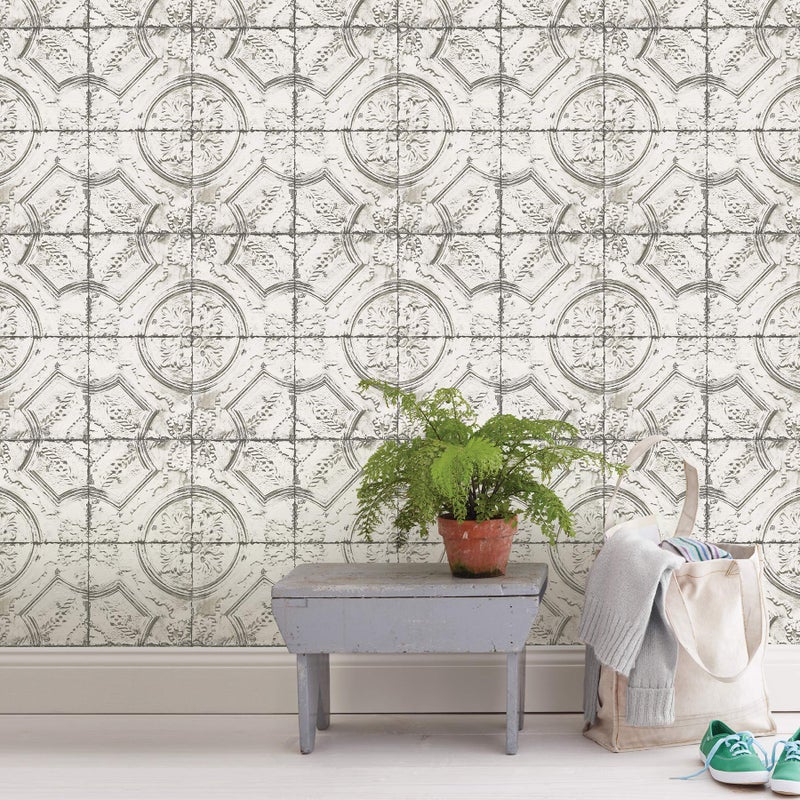 InHome NHS3711 Newport Tin Tile Peel Stick Wallpaper, White & Off-White - Image 2